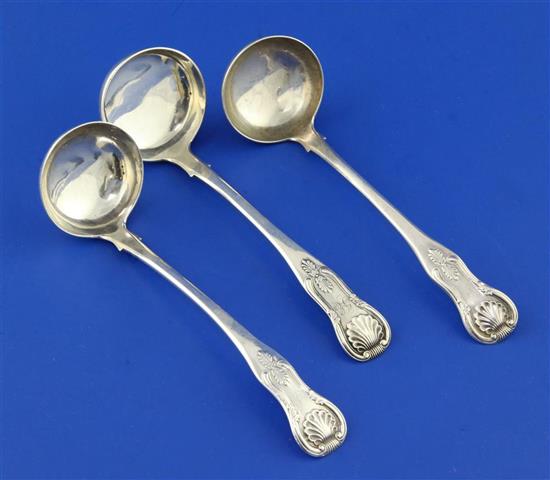 Three 19th century Scottish silver Kings pattern sauce ladles, 3.5 oz.